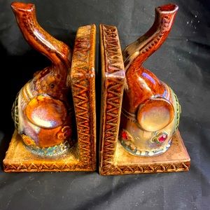 Set of Ceramic Elephant Bookends with Colorful Cabouchons